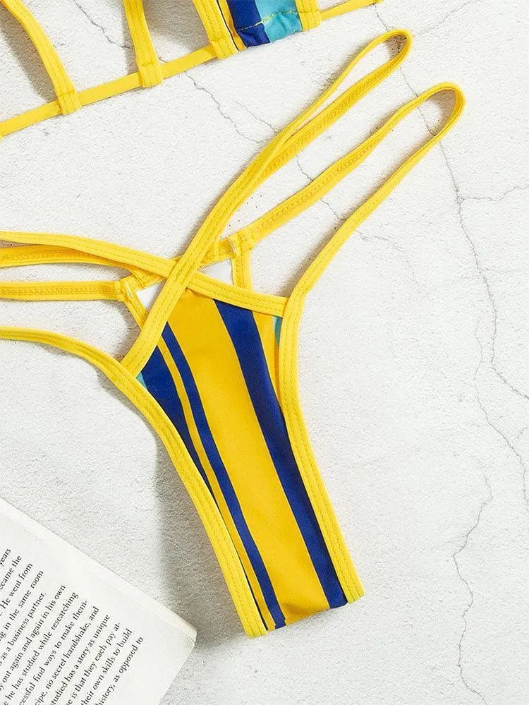 Yellow women's split swimsuit with neck-hanging style and backless high-waist design