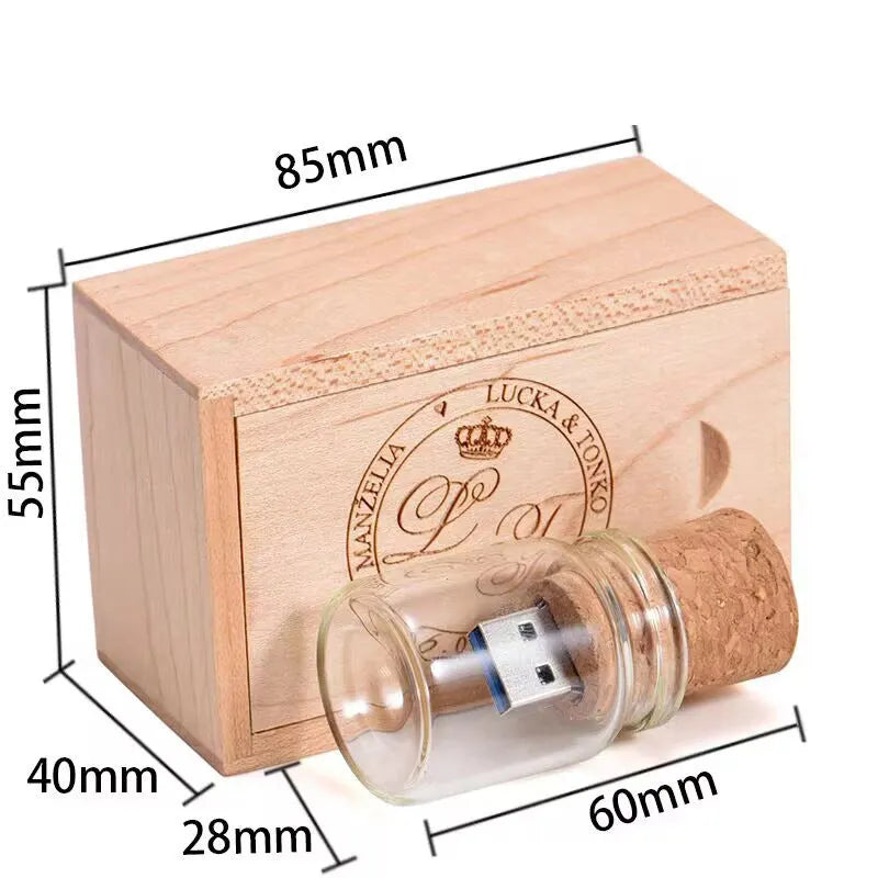 Wooden bottle-shaped USB flash drive on a keyring with transparent finish showing wood grain.