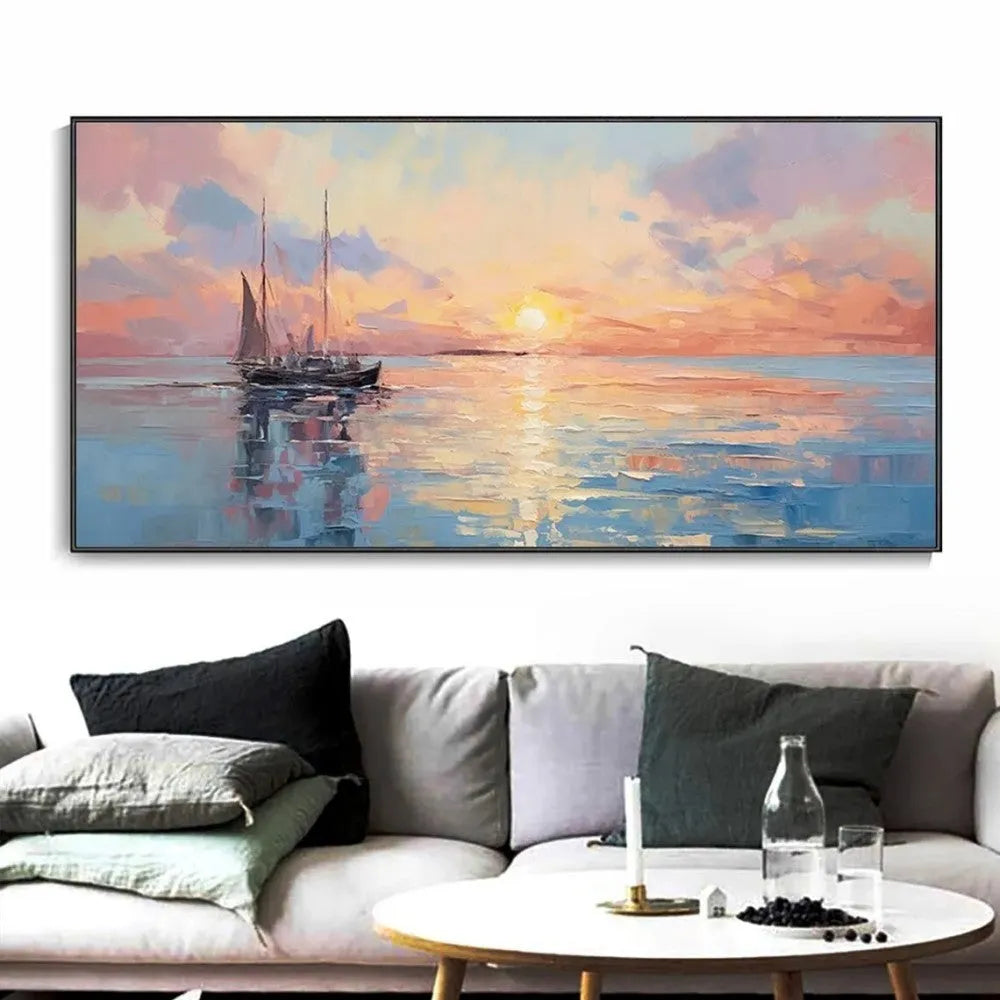Handmade oil painting canvas wall art modern abstract sunrise over sea horizontal panoramic landscape