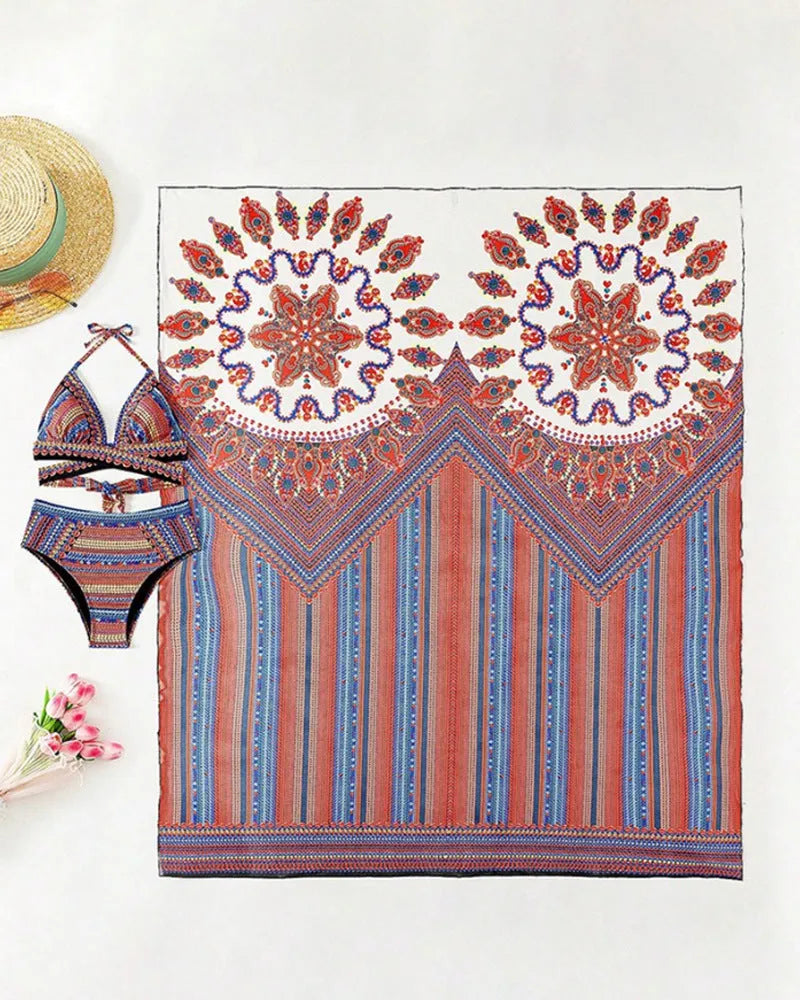 Women's three-piece split swimsuit set in picture colour, showing sleeveless cutout top, high-waist briefs, and coat.
