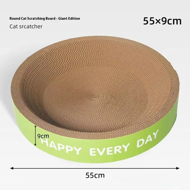 Round green cat nest with integrated scratching surface, 50cm in diameter.