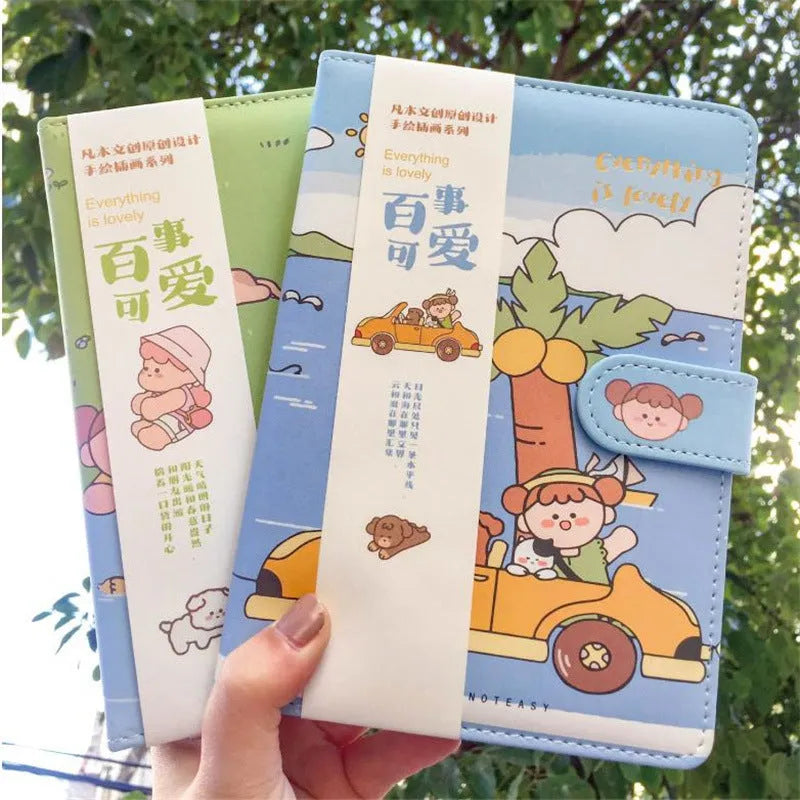 A5 paperbound notebook with thread binding, open to show flat lay, with choice of Eating Ice Cream, Reading, Traveling, or Outing cover designs.