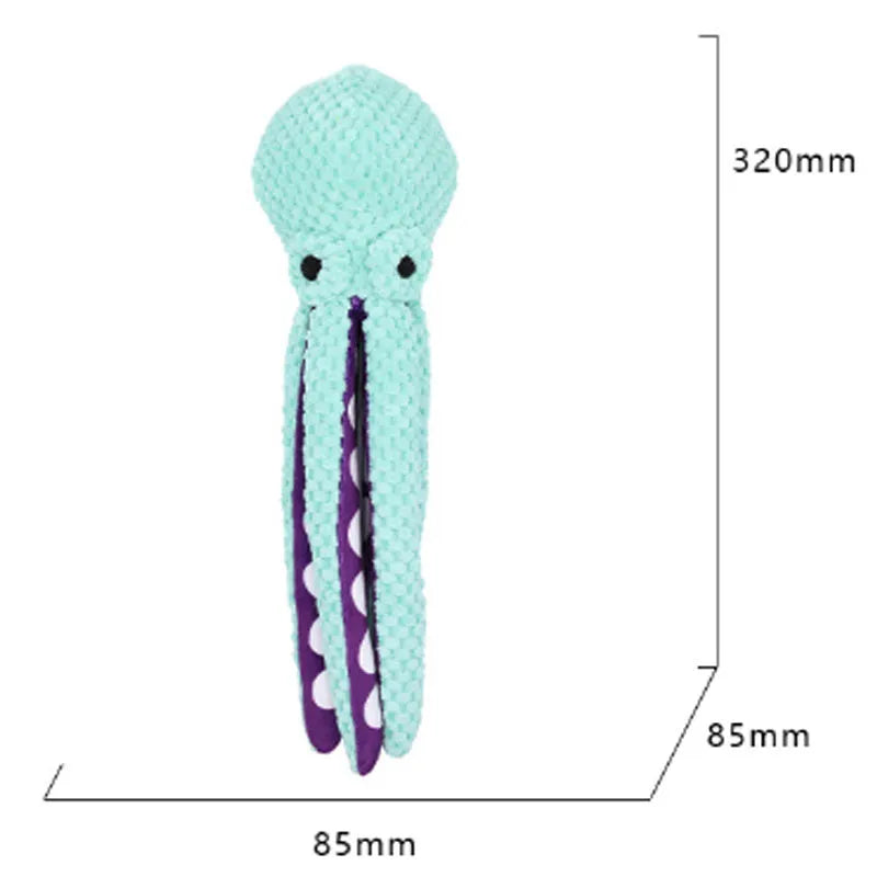 Blue plush octopus dog toy with six long legs and a squeaker, shown on a white background.