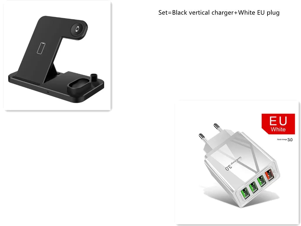Black 4-in-1 wireless charging dock with phone on adjustable stand, Apple Watch, AirPods, and Apple Pencil on charging pads.