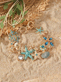 Women's alloy rhinestone bracelet featuring a boat anchor and starfish design in blue coral colour.