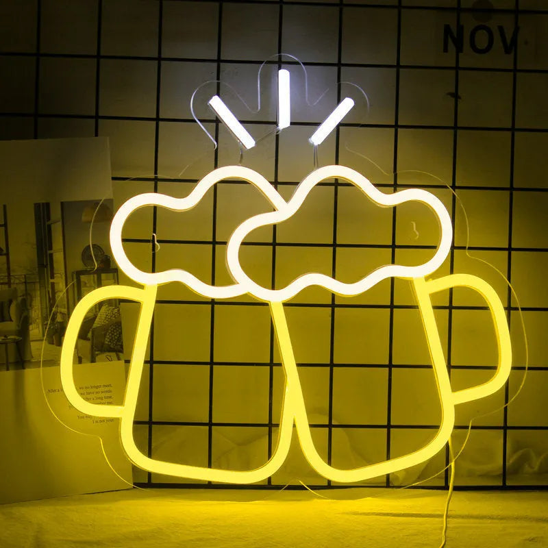 Yellow LED neon sign reading Bar Beer Cheers with acrylic background