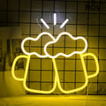 Yellow LED neon sign reading Bar Beer Cheers with acrylic background