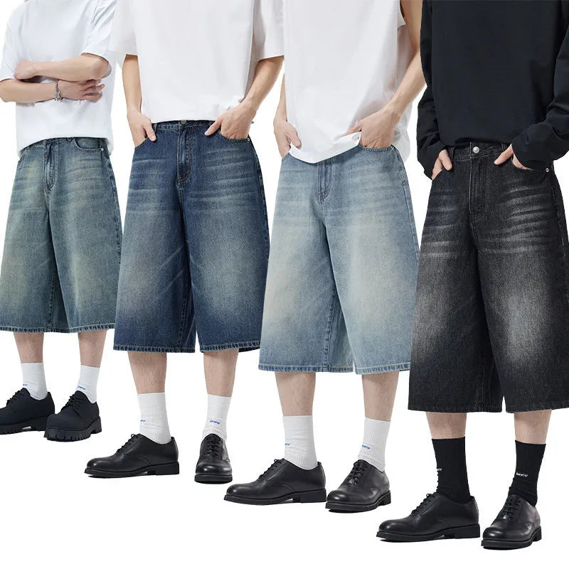 Men's straight-leg cropped denim shorts in light blue colour option