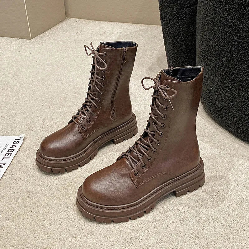 Women's mid-calf Martin boots with lace-up and side zipper, thick rubber sole, round toe, in black cowhide leather