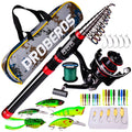 Long cast fishing rod and reel combination set with PE line, soft baits, hard lures and storage bag