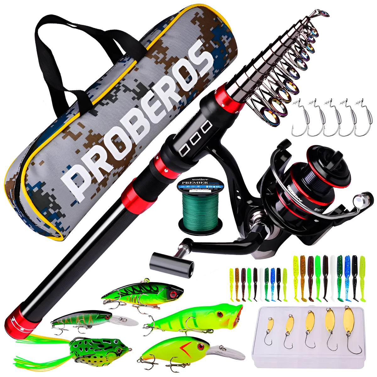Long cast fishing rod and reel combination set with PE line, soft baits, hard lures and storage bag