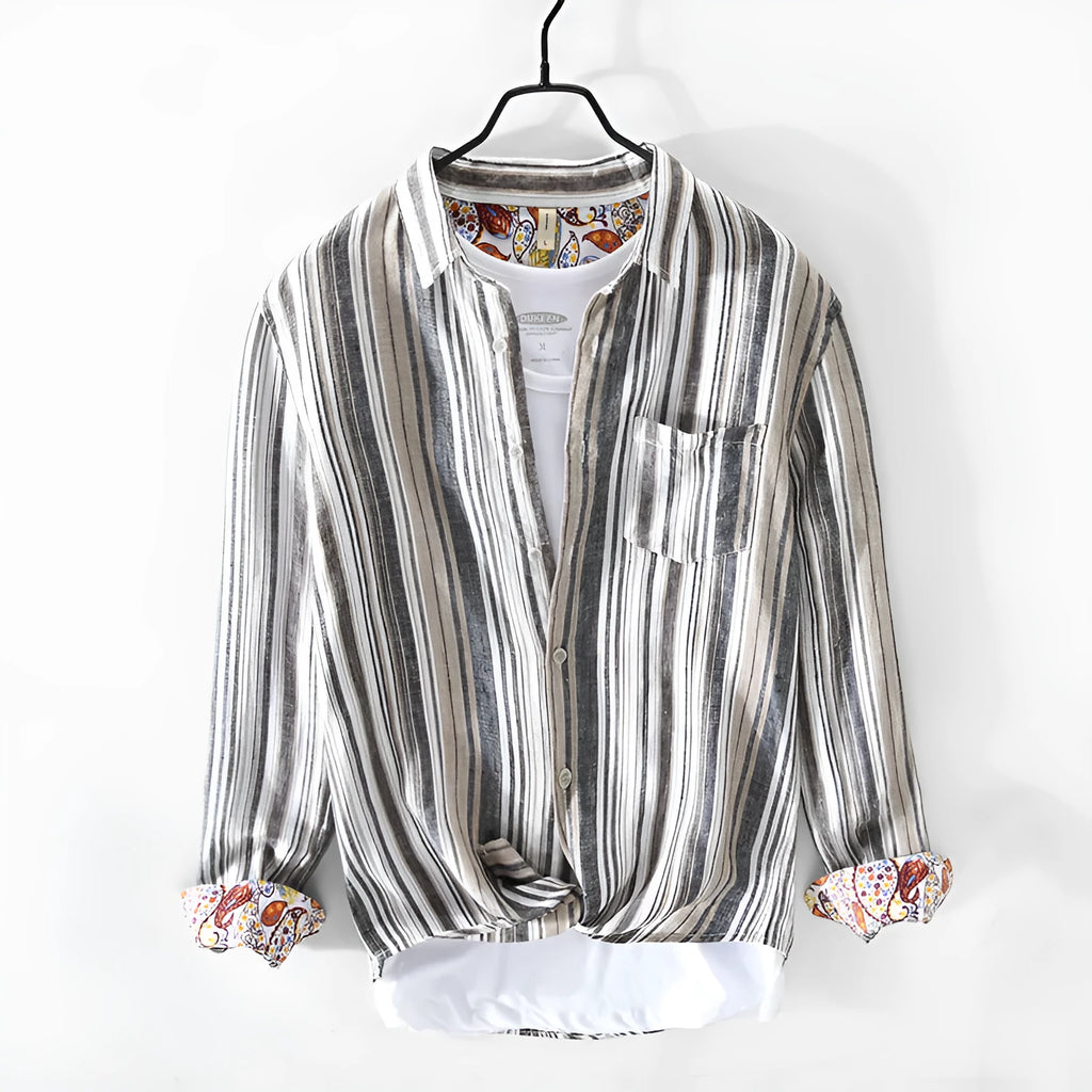 A man wearing a red and grey striped linen casual shirt with long sleeves and a loose fit.