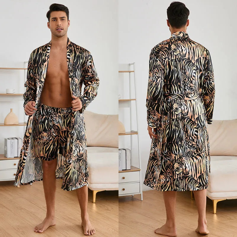 Men's tiger pattern ice silk bathrobe and shorts set laid flat showing long sleeves and short length pants