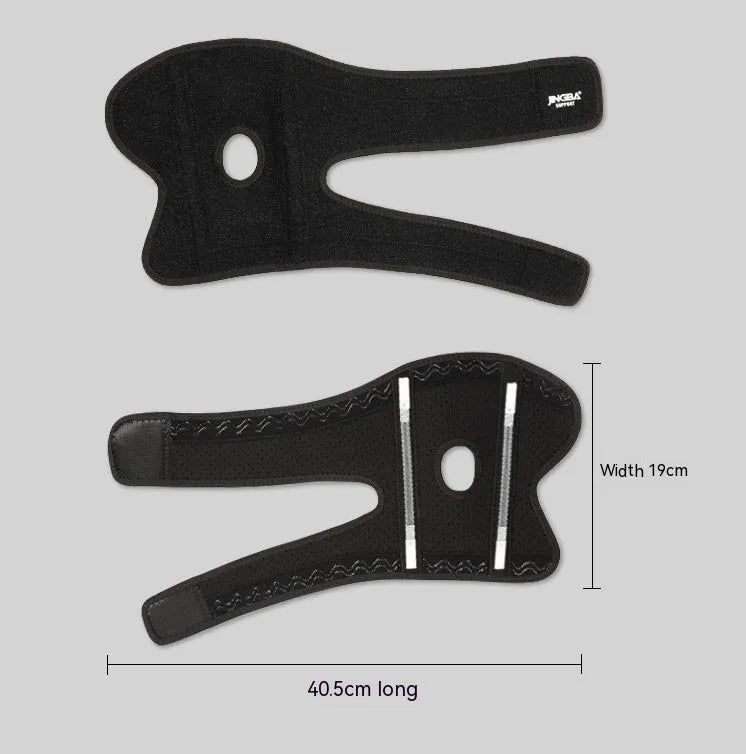 A black adjustable sports elbow guard shown on an arm, suitable for training and multiple sports.