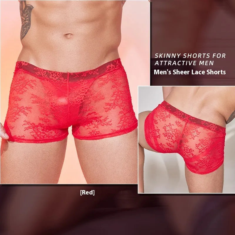 Men's black nylon boxer shorts with white lace trim along the leg openings.