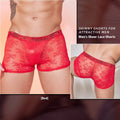 Men's black nylon boxer shorts with white lace trim along the leg openings.