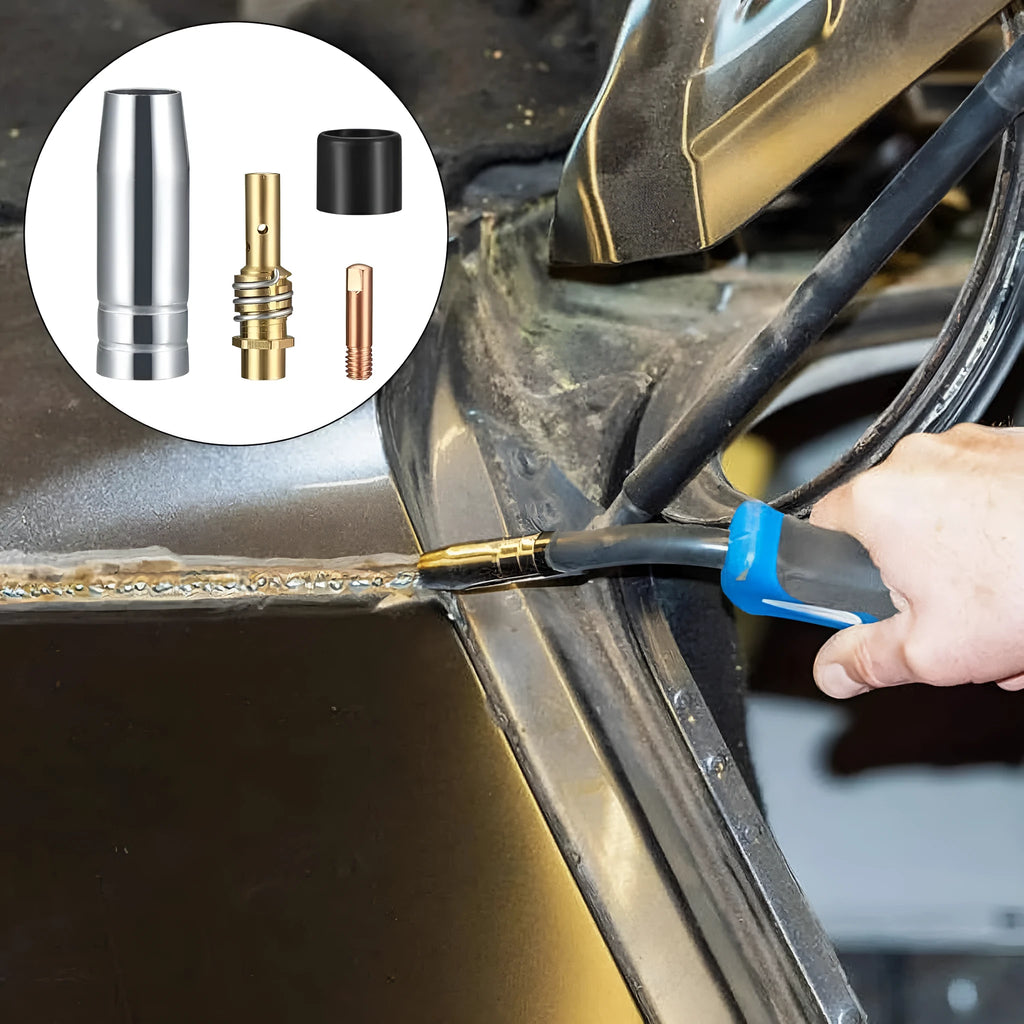 Copper welding nozzle set with 15 conductive nozzles, 5 nozzles, connecting rods, black caps, and board, 19mm length, 230g.