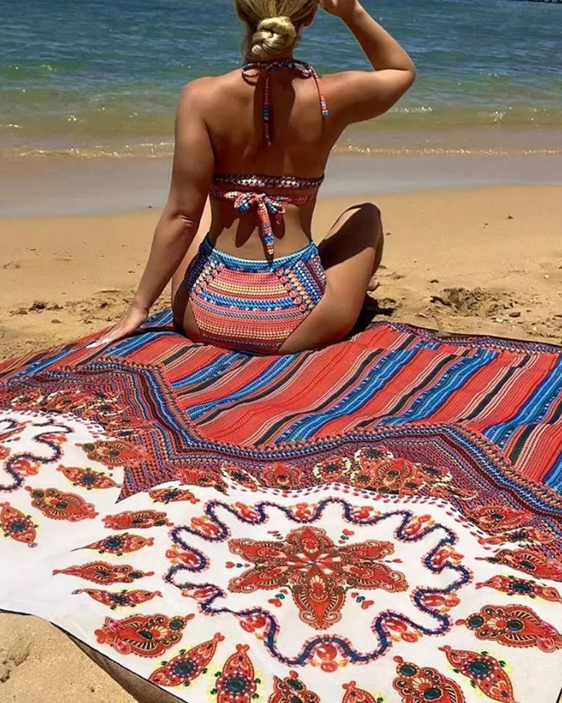 Women's three-piece split swimsuit set in picture colour, showing sleeveless cutout top, high-waist briefs, and coat.