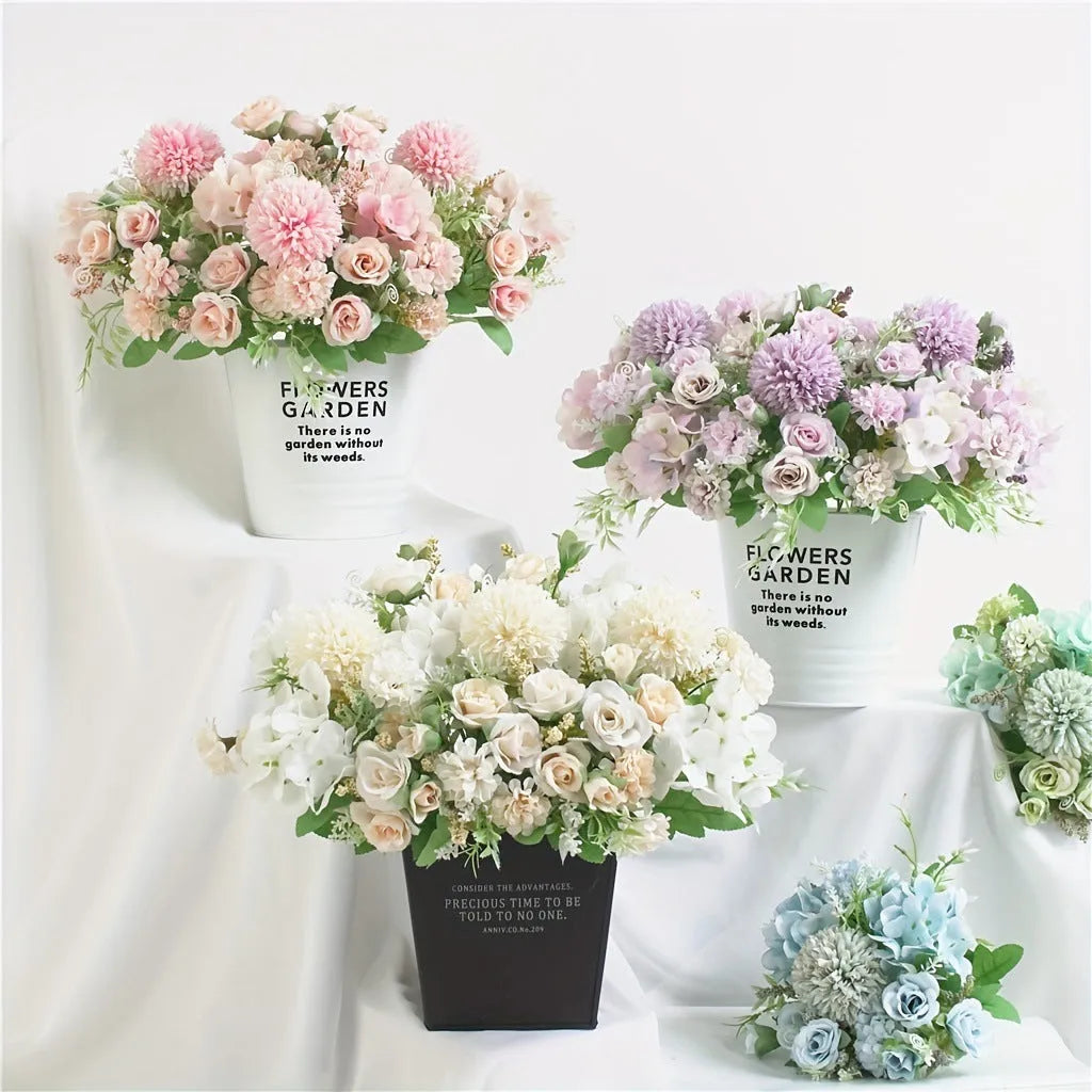 Artificial silk and plastic hydrangea flower combination in blue, white, and pink, with green plastic leaves, shown as a set of four stems