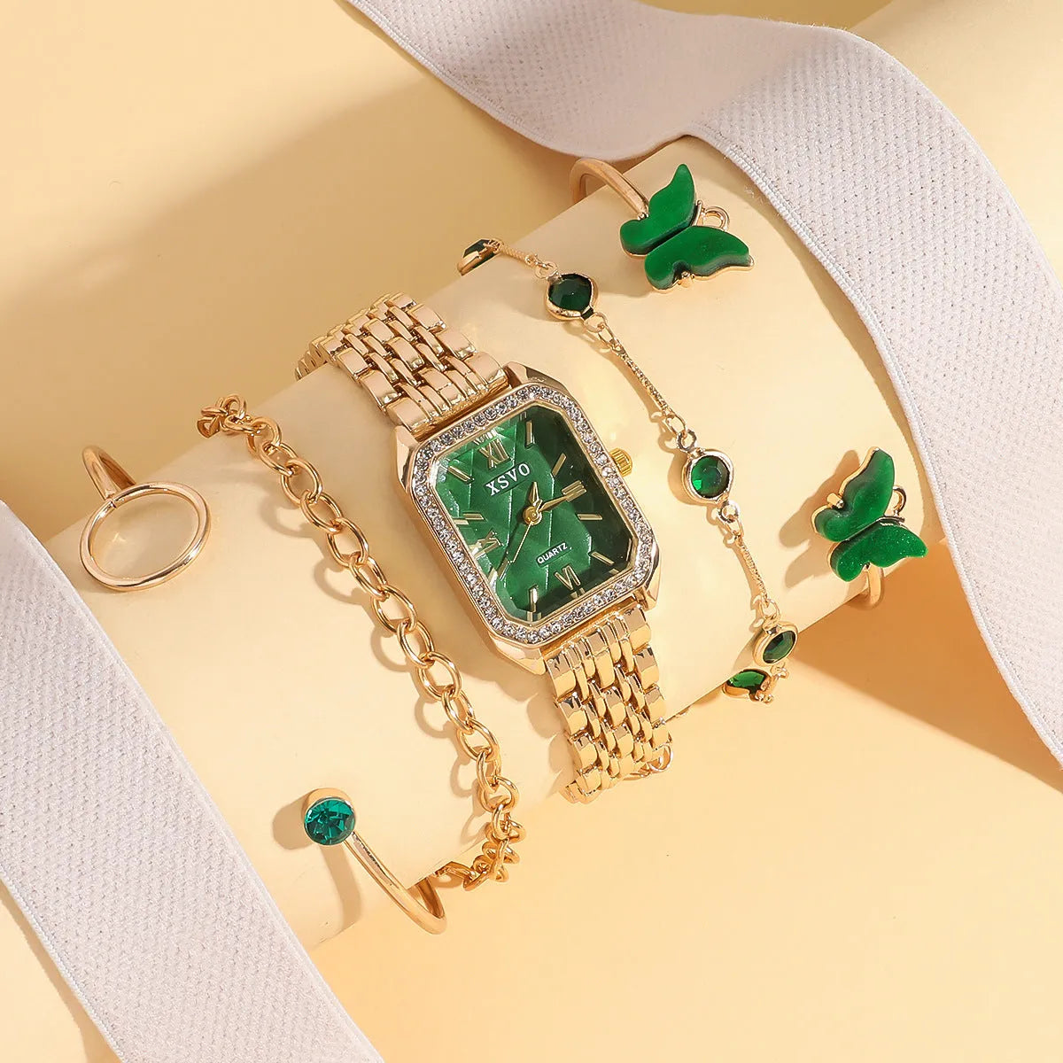 Gold and emerald green square women's watch with four matching bracelets jewellery set