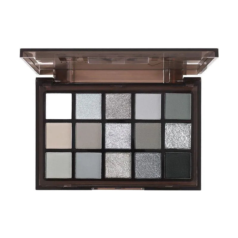 15-colour eye shadow palette showing matte shimmer shades including grey black and brown blue colours