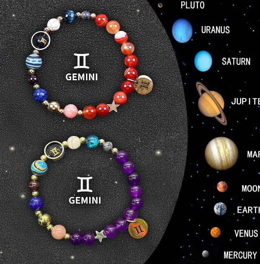 Two natural stone beaded bracelets with zodiac signs on an adjustable handmade string.