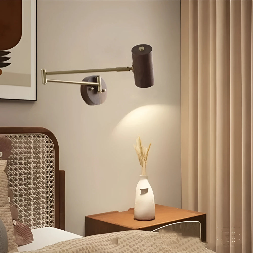 Retro industrial rotating wall lamp with long adjustable arm and integrated wall switch in walnut colour finish