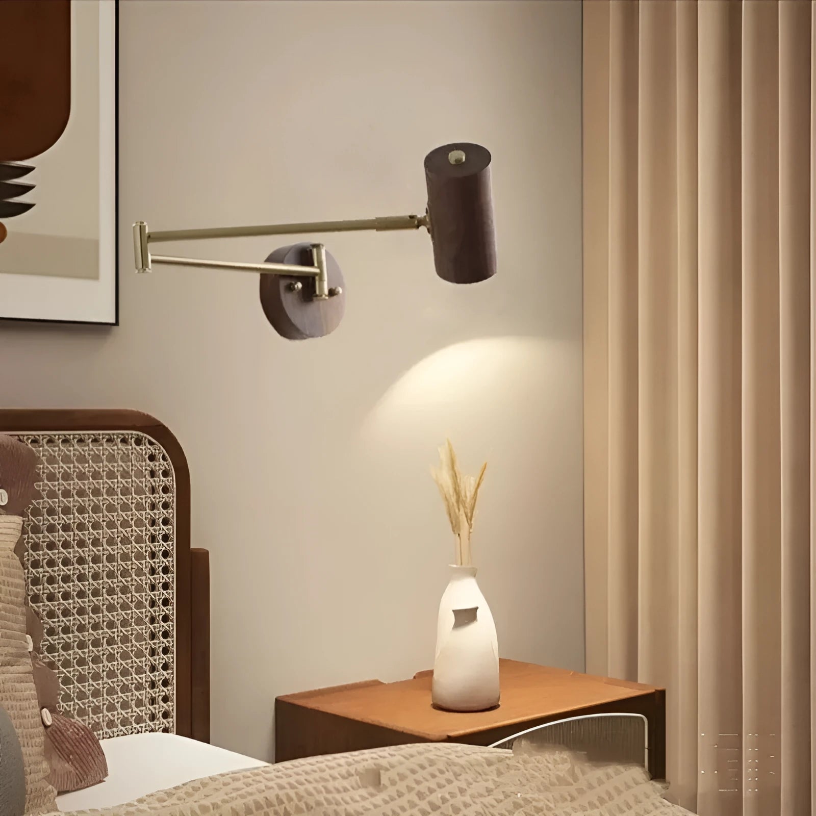 Retro industrial rotating wall lamp with long adjustable arm and integrated wall switch in walnut colour finish