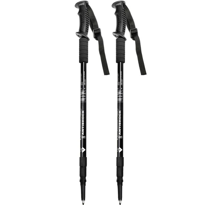 Aluminium alloy adjustable trekking pole extended to full length with mud support accessory attached