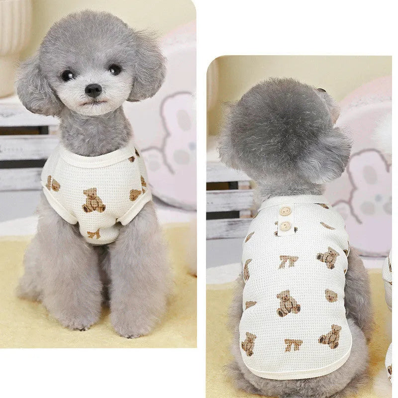 Beige waffle small dog clothes with short sleeves, polyester pet top in sizes M, L and XL