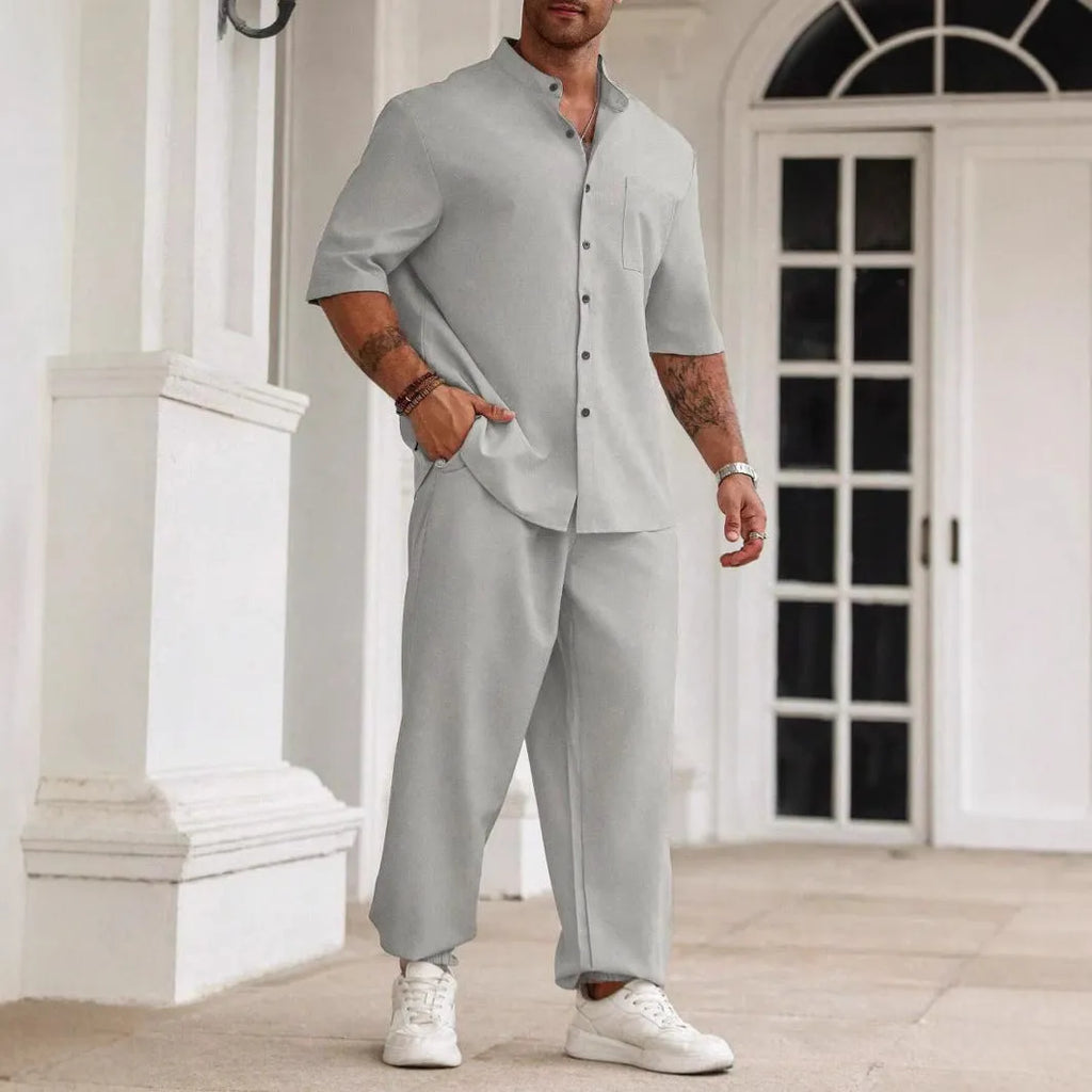 Men's casual cotton linen short-sleeved trousers set in three colour options