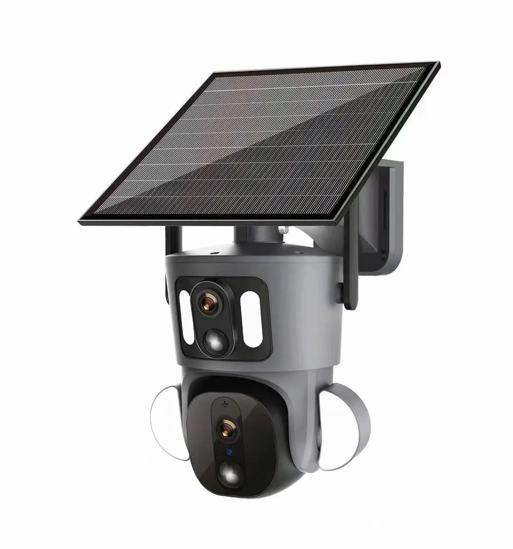 Solar-powered binocular outdoor surveillance camera with three screens and solar panel