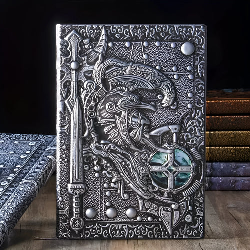 Handmade leather A5 notebook with a detailed embossed 3D warrior relief on the cover.