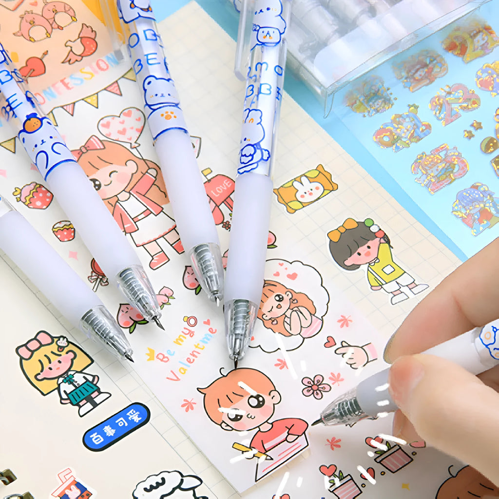 Set of six press pen knives with cream bear, orange bear, and rabbit character designs