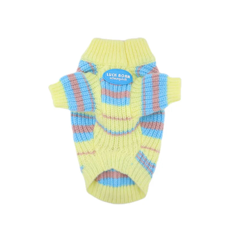Blue and yellow striped wool dog sweater for small breeds including Jarre Aero Bull and Schnauzer