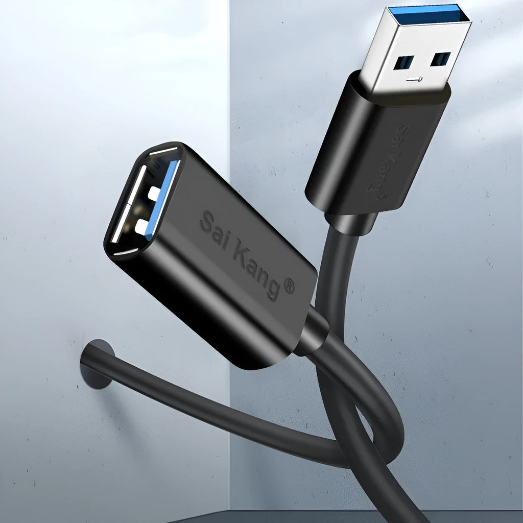 USB 3.0 and USB 2.0 male to female extension cable with black PVC sheathing