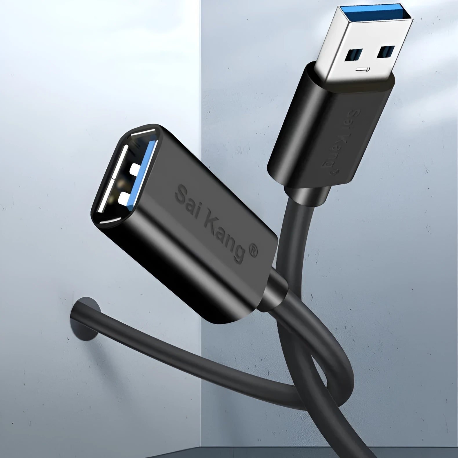 USB 3.0 and USB 2.0 male to female extension cable with black PVC sheathing