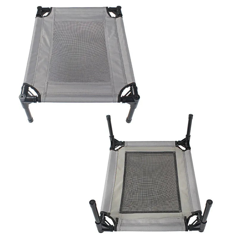 Black outdoor dog bed with steel frame and Oxford cloth cover measuring 55cm by 43cm