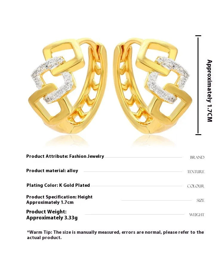 Gold geometric hollow-out earrings with electroplated alloy construction and ear clip fastening