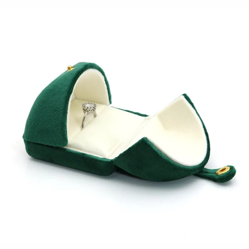 Dark green super soft flannel double ring box with gold plating, peacock green colour, open with rings inside