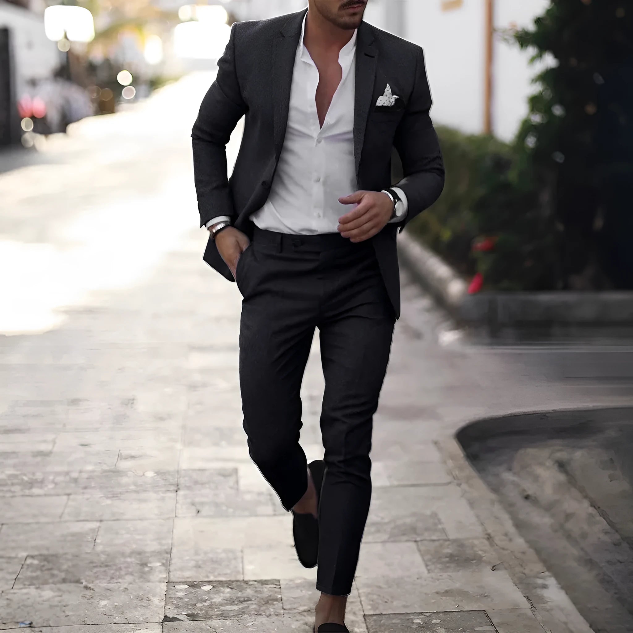 Men digital print two button suit set with matching pants in slim fit
