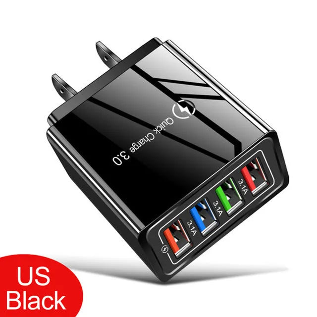 Multi-port USB charging head with four ports, available in black, white, blue, or red, with US flat feet plug shown.