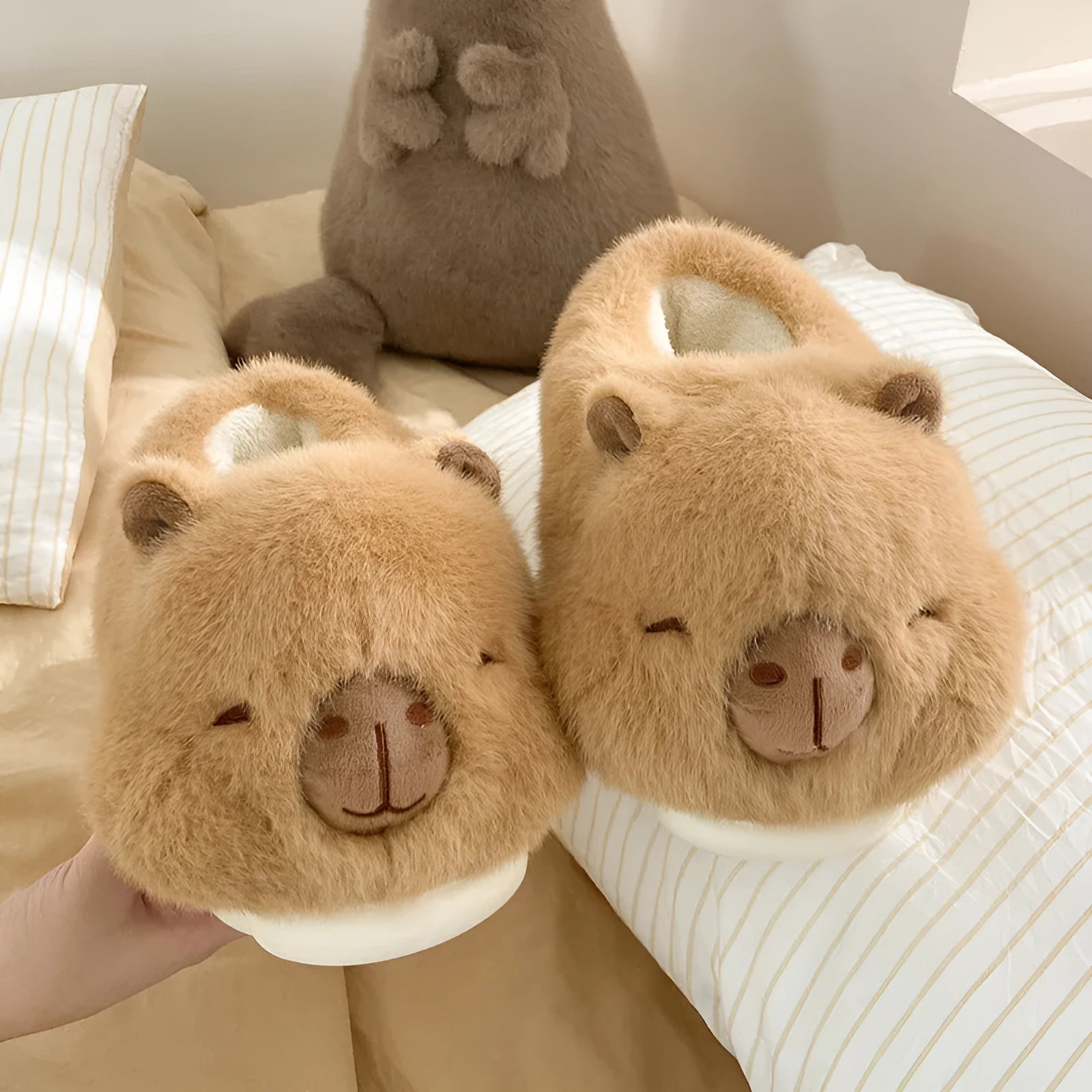 Women's light brown winter slippers with plush upper, artificial wool lining, and cartoon pattern in UK sizes 36-41