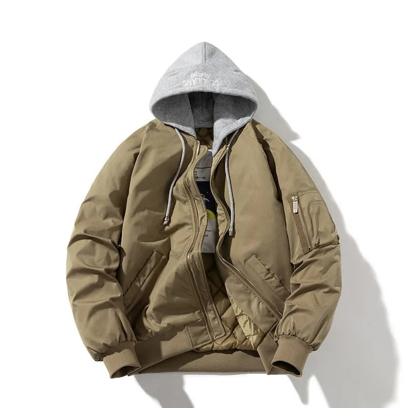 Men's loose-fit black pilot jacket with matching cotton-lined hat, shown on a model.