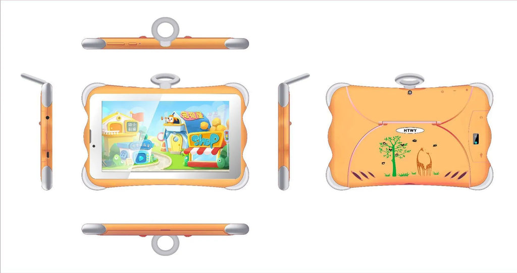 7-inch children's learning tablet with stand in cartoon colours showing IPS screen and 3G calling capability