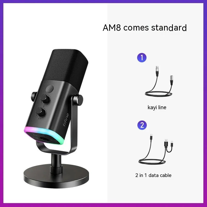 Dynamic noise reduction microphone in black with adjustable desktop base and XLR cable