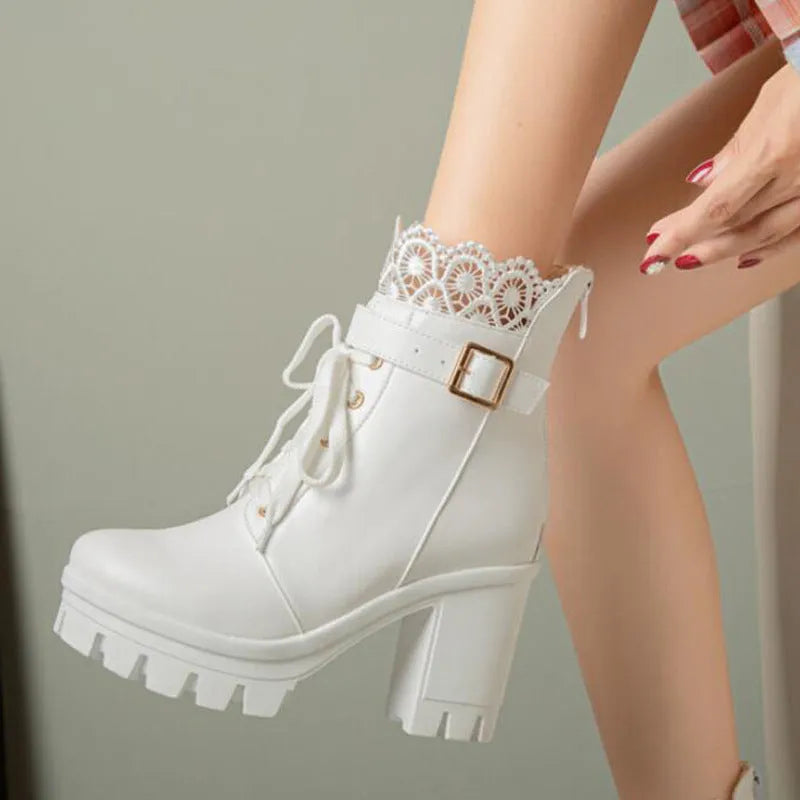 Women's lace-up ankle boots with 6-8cm thick heel, round toe and side zipper in white, black or brown