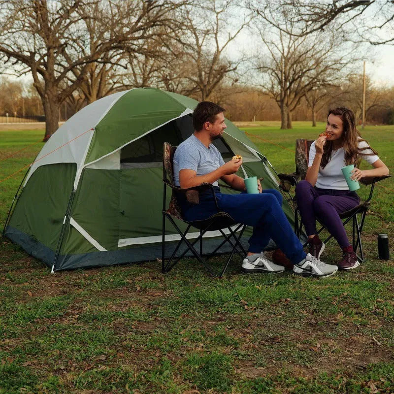 Orange portable camping tent for 2 persons set up outdoors with fibreglass poles and 190T B3 grid fabric