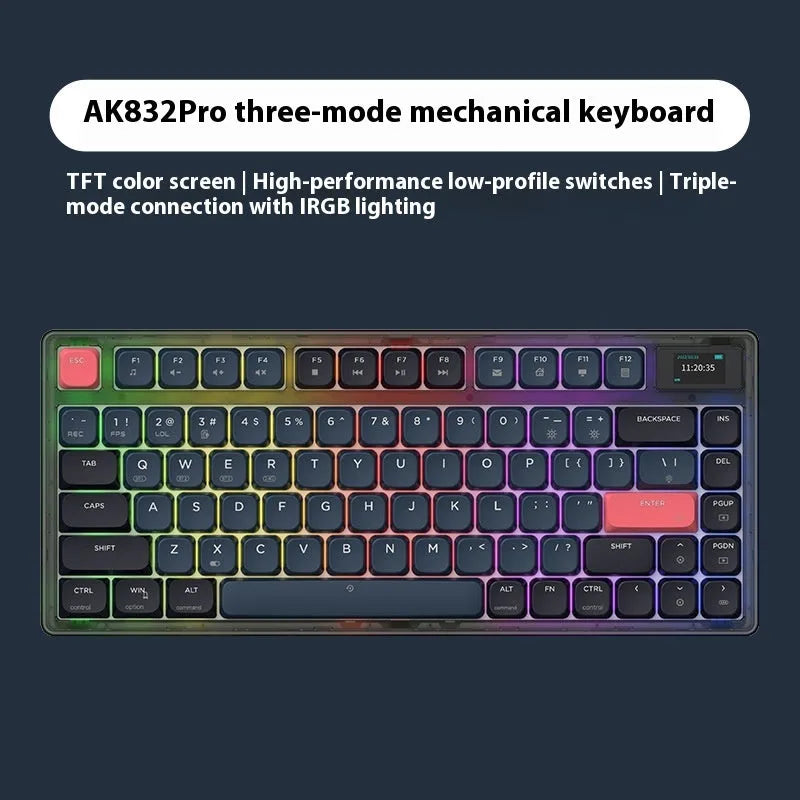 Ajazz AK832PRO wired and wireless mechanical keyboard with colour screen, shown in green colour.
