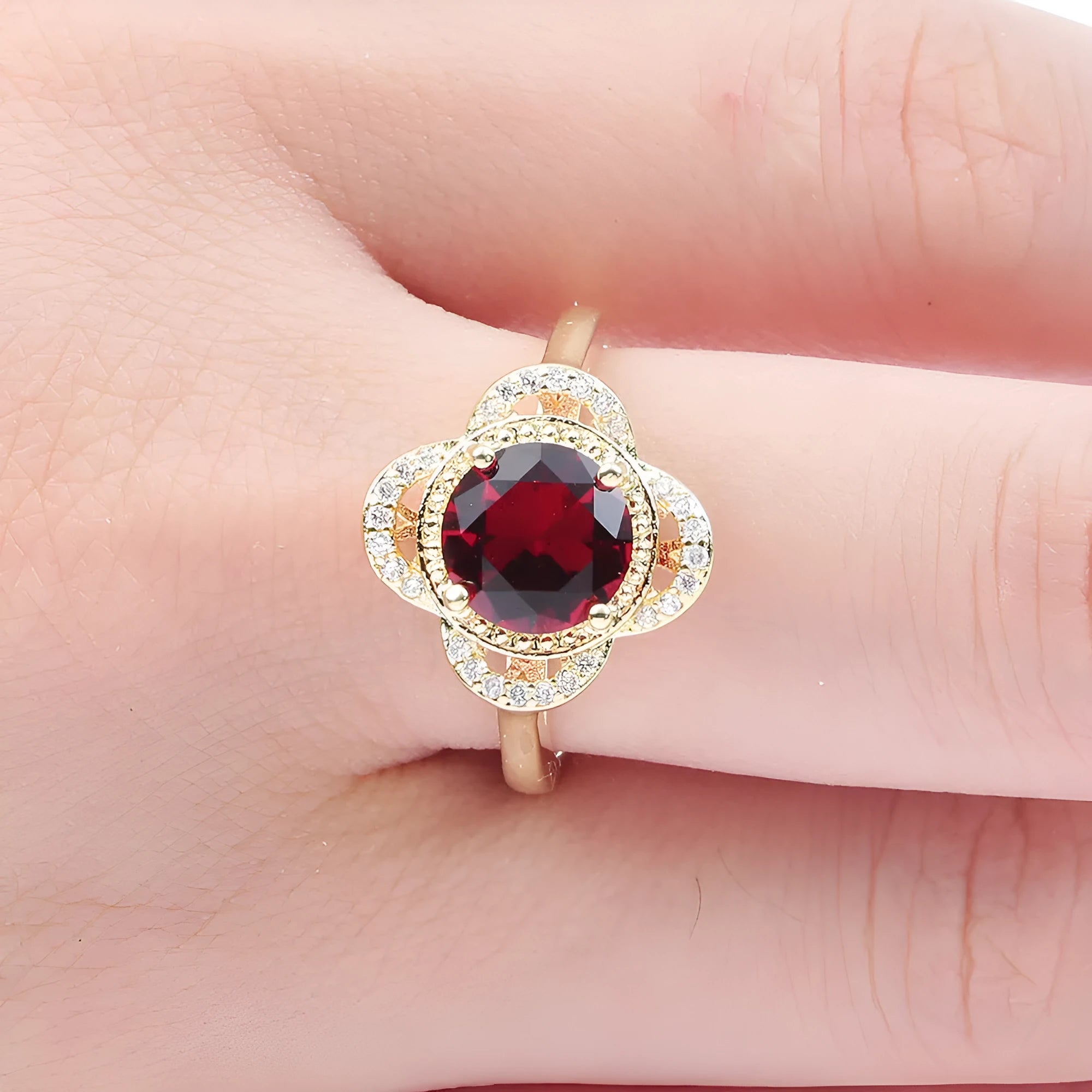 Copper ring with zircon inlay in fruit shape design, electroplated finish in colour 10-6-1395